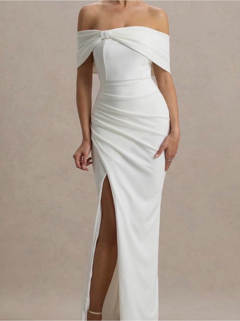 Nwot Club L London Off-Shoulder White Maxi Dress With Thigh Slit Bow Top 6
